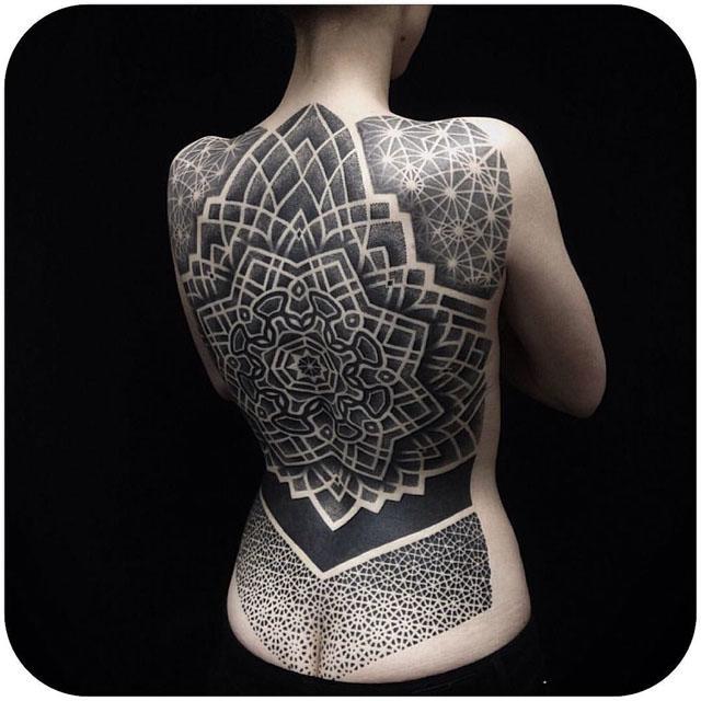 dotwork full back tattoo on girl