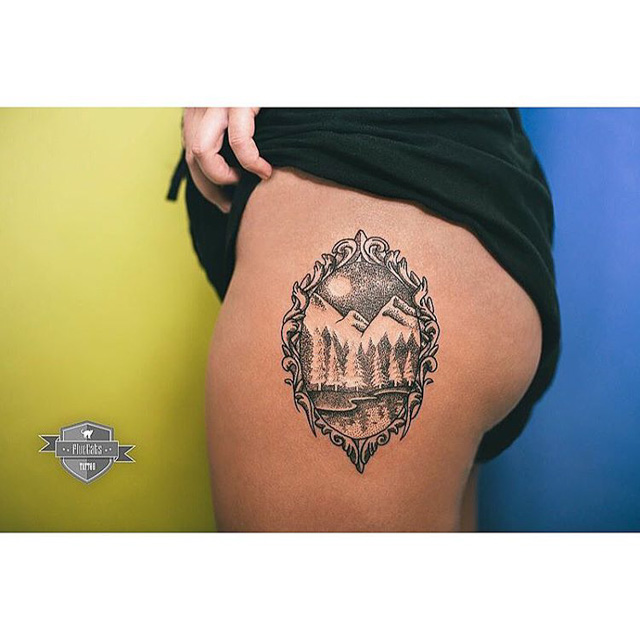 Austrian Mountains tattoo on hip