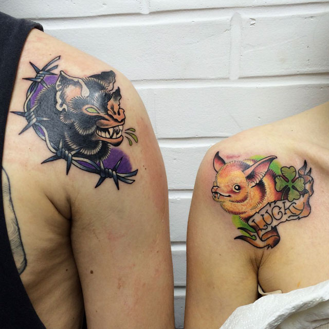 new school bats couple tattoos