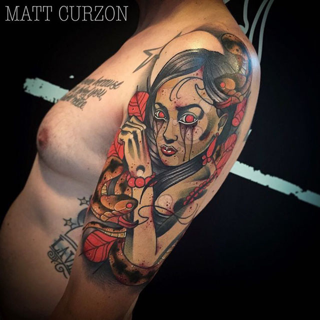 interesting shoulder medusa tattoo