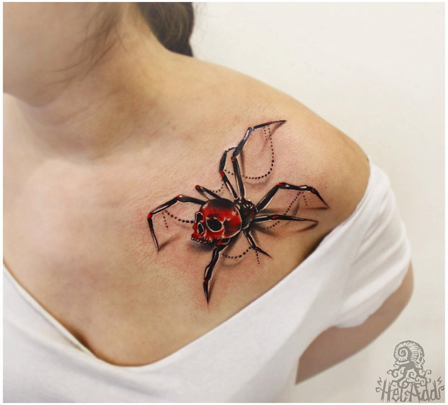 spider 3D tattoo on collar bone