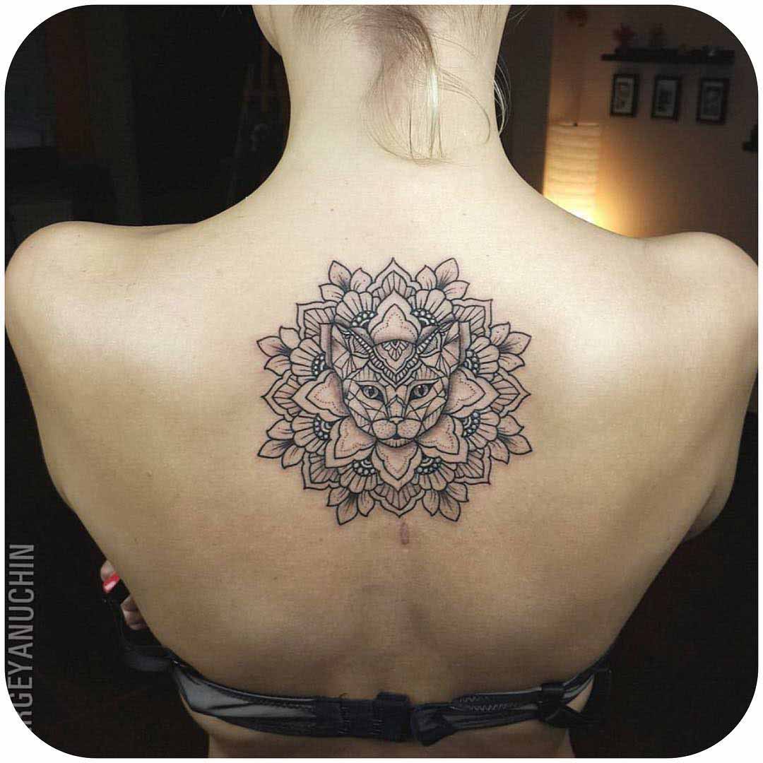 back mandala tattoo with cat head