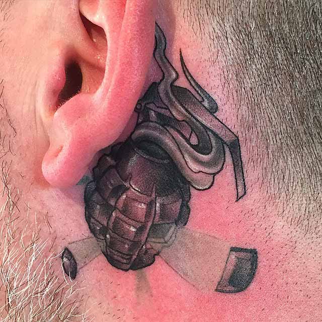 Grenade Tattoo Behind Ear