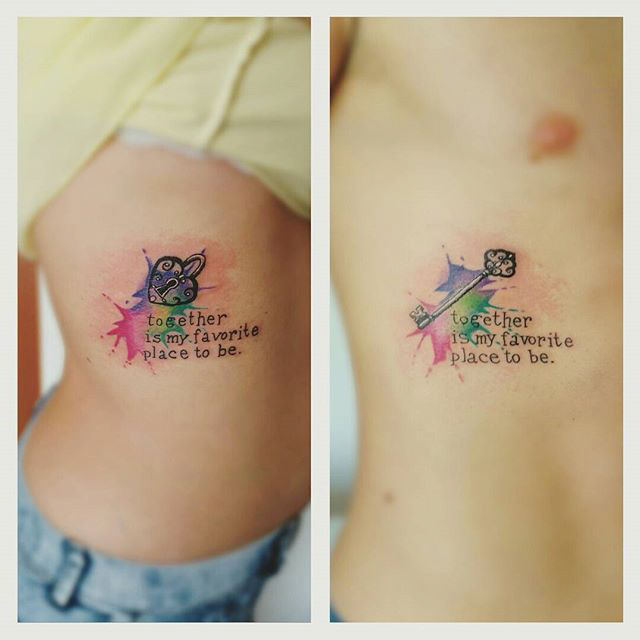 Key Heart Shaped Lock Couple tattoos watercolor