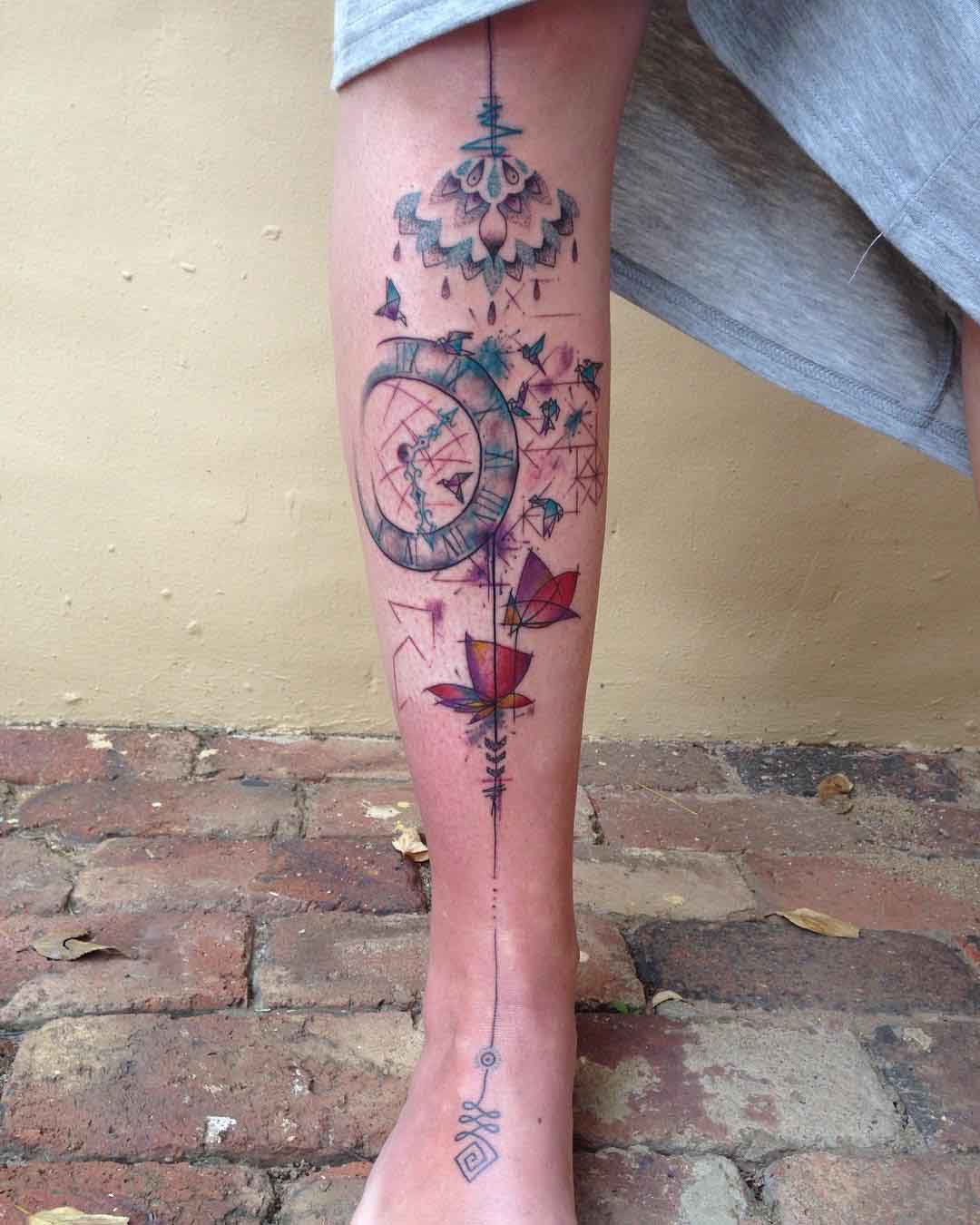 Abstract Watercolor Shin Tattoo by jared_burn