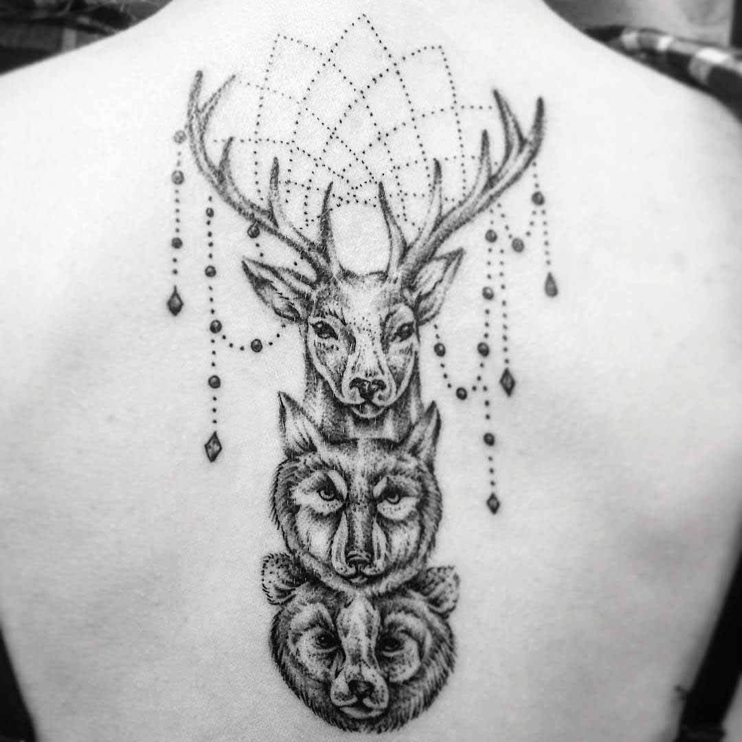 Buck Wolf and Bear Tattoo on Spine by ninilees