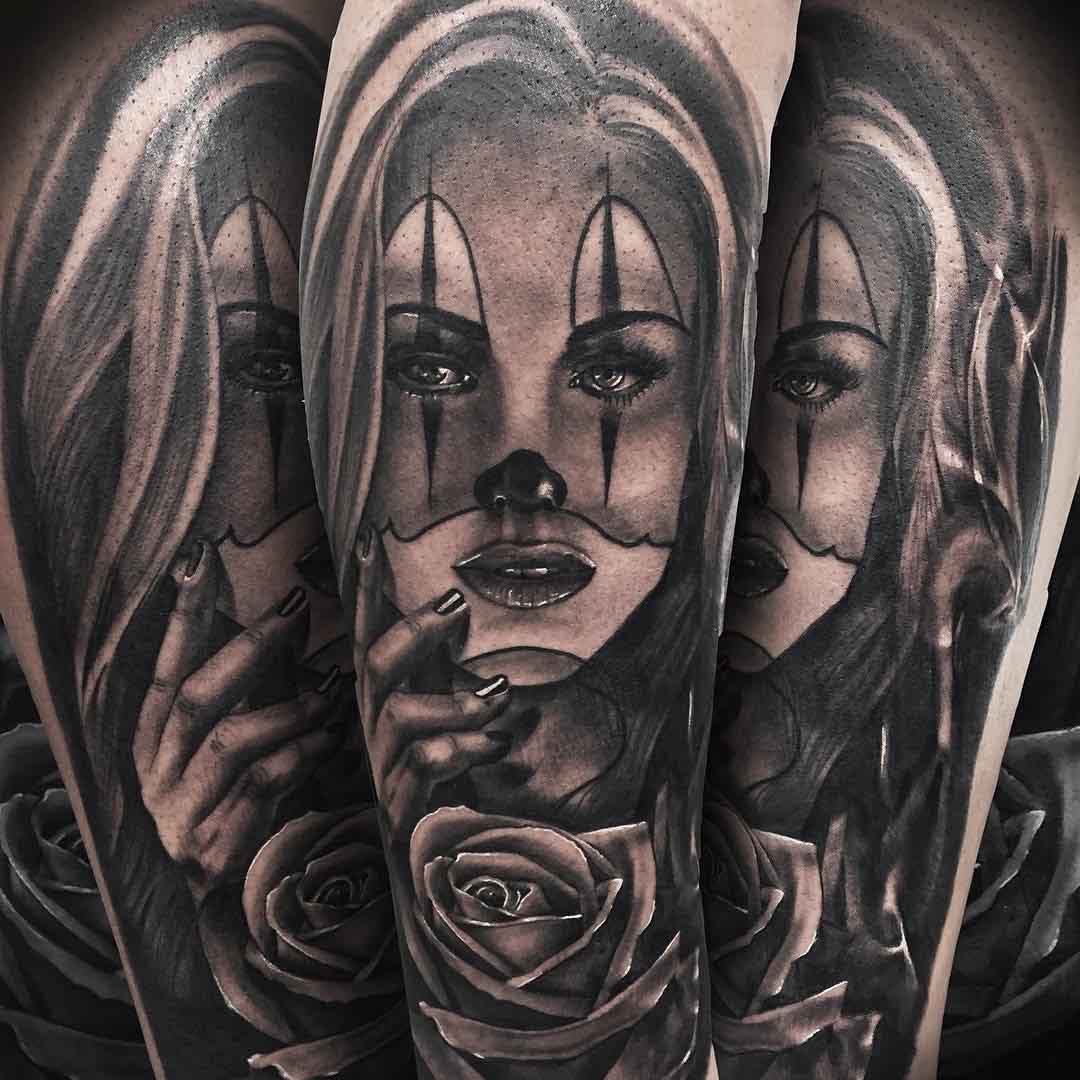 artwotk tattoo chicano clown girl