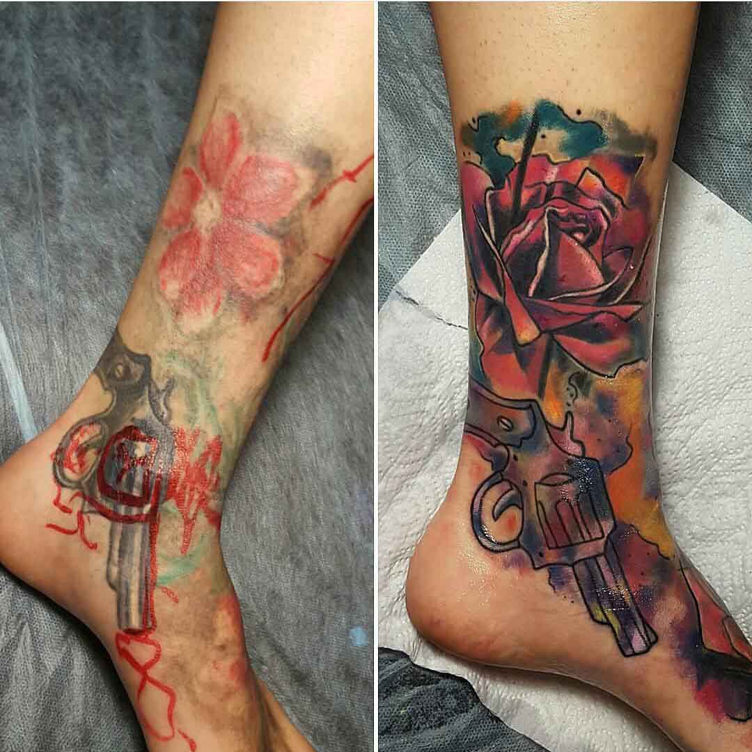 Cover Up Tattoo on Ankle by @tamirstattoo