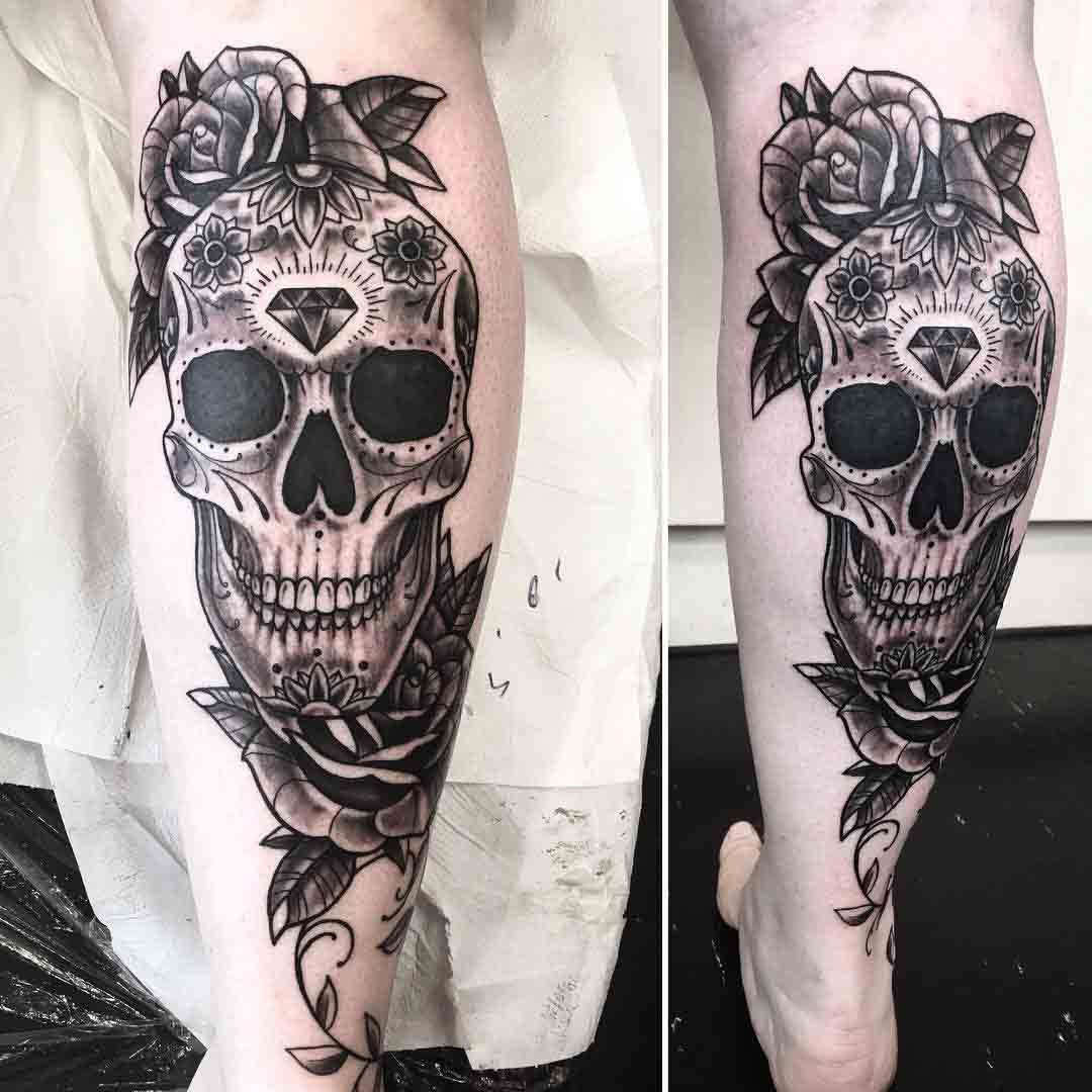 Dimond Skull Tattoo on Calf by biancaseagrave