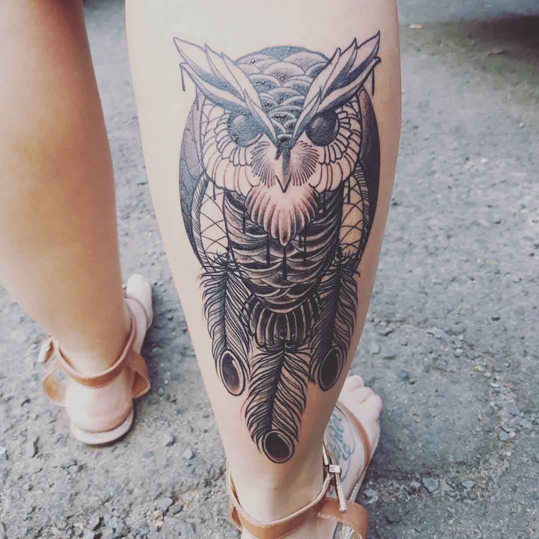 Dreamcatcher Owl Tattoo on Calf