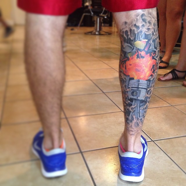 Fire Piston Tattoo on Calf by adrianotattoos