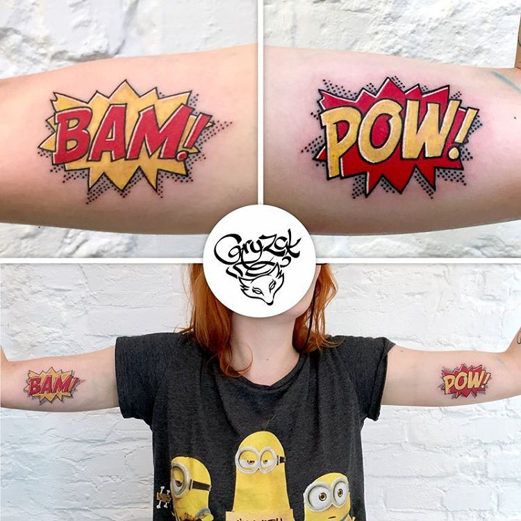 comic book tattoo inner bicep