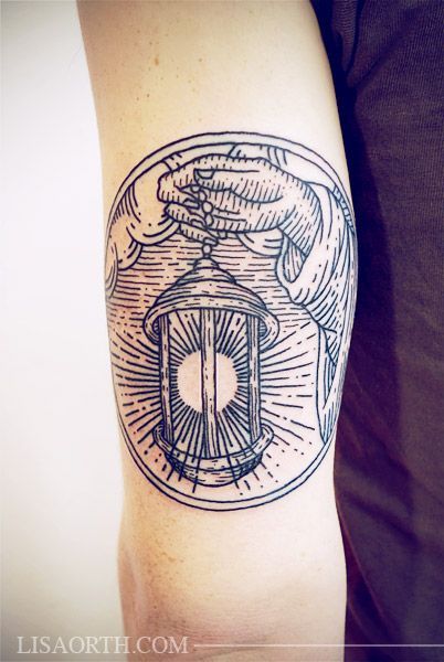 Linework Lantern Tattoo on Tricep by lisa orth