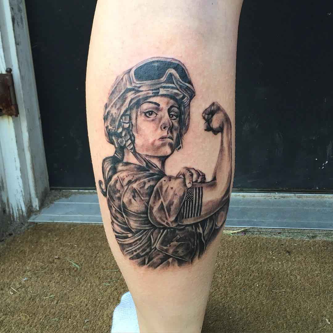 Military Girl Tattoo on Calf by tattoosbyemi