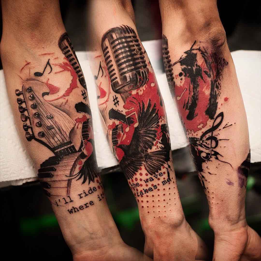 Trash Polka tattoo microphone keyboard