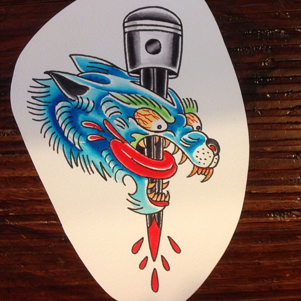 New School Piston Wolf Tattoo by deanmachineusa