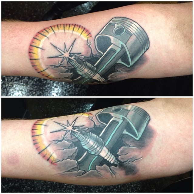 Piston and Spark Plug Tattoo by adamnagytattoos