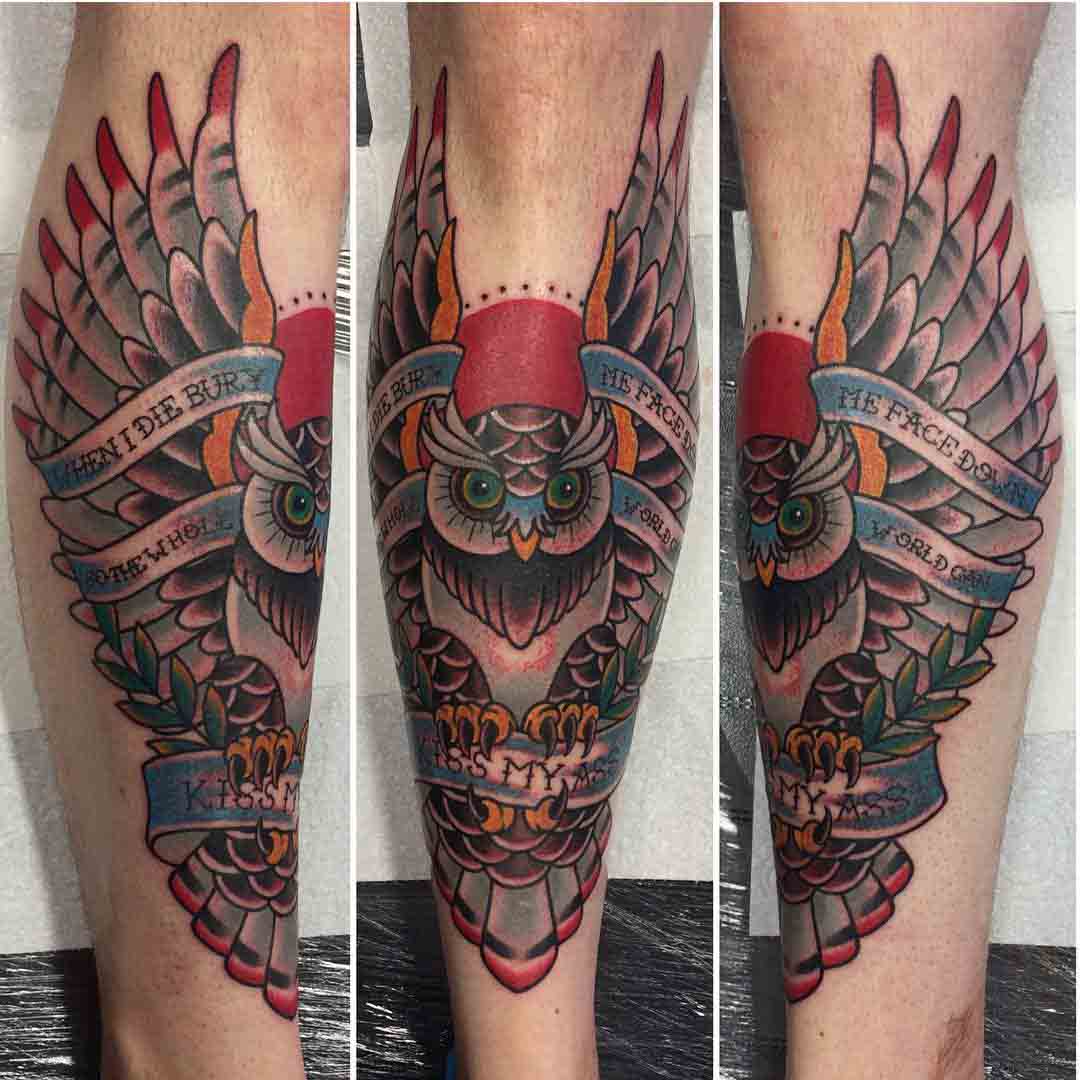 Shin Tattoo Owl by nikcarrtattoo