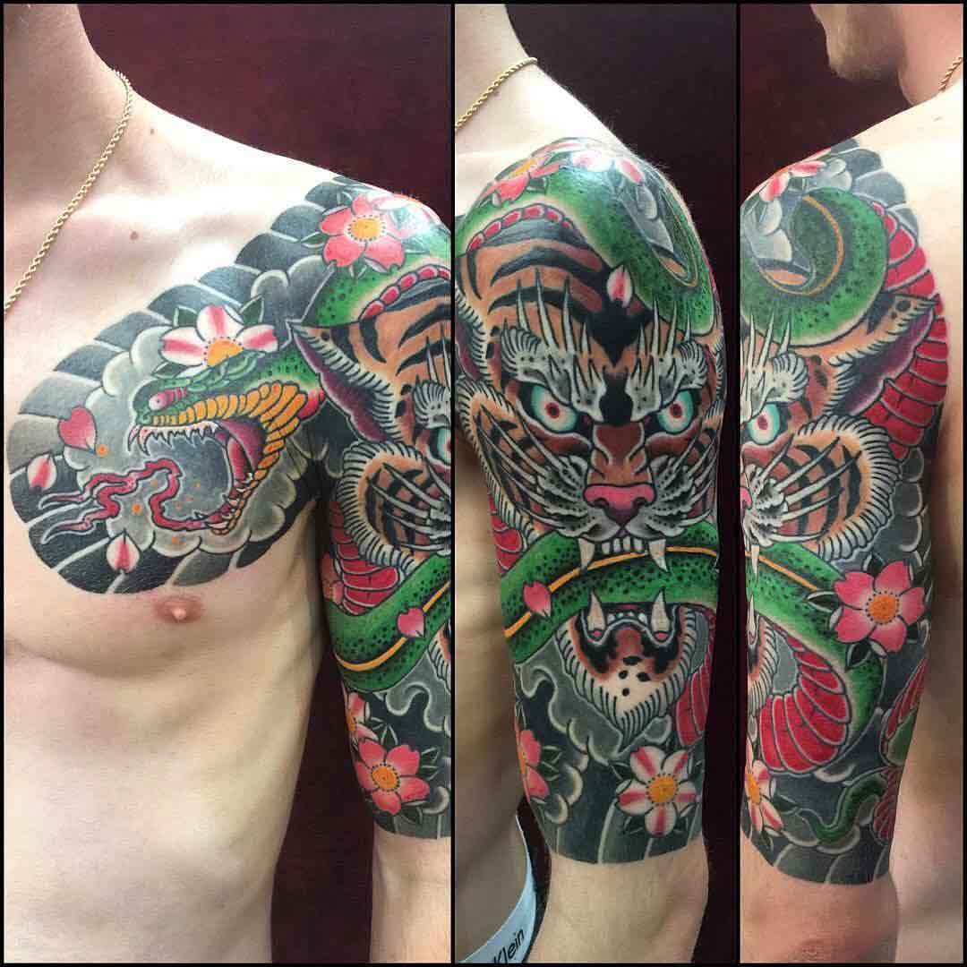 Shoulder Half Sleeve Tattoo by @fabienletatoueur