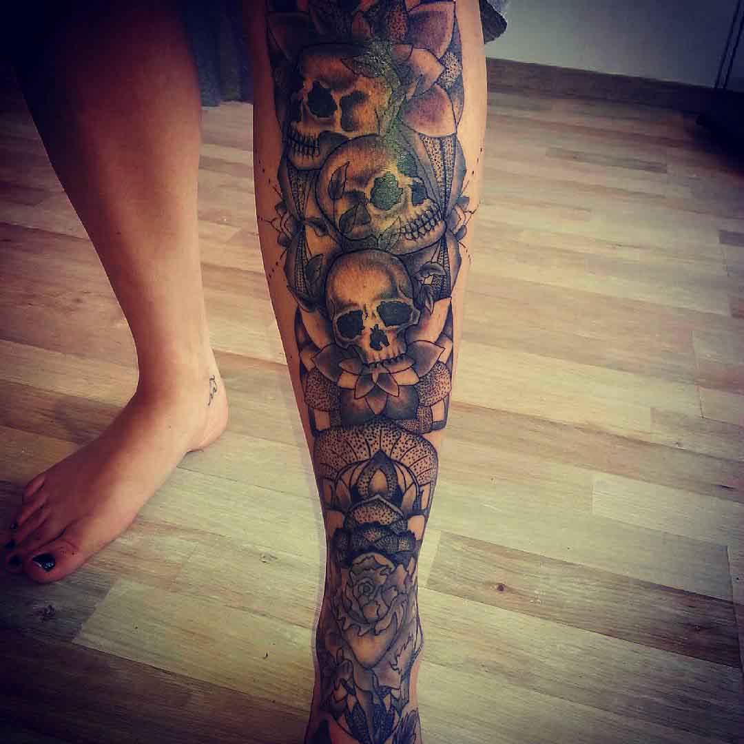 Skulls Tattoo on Shin by sinkinink