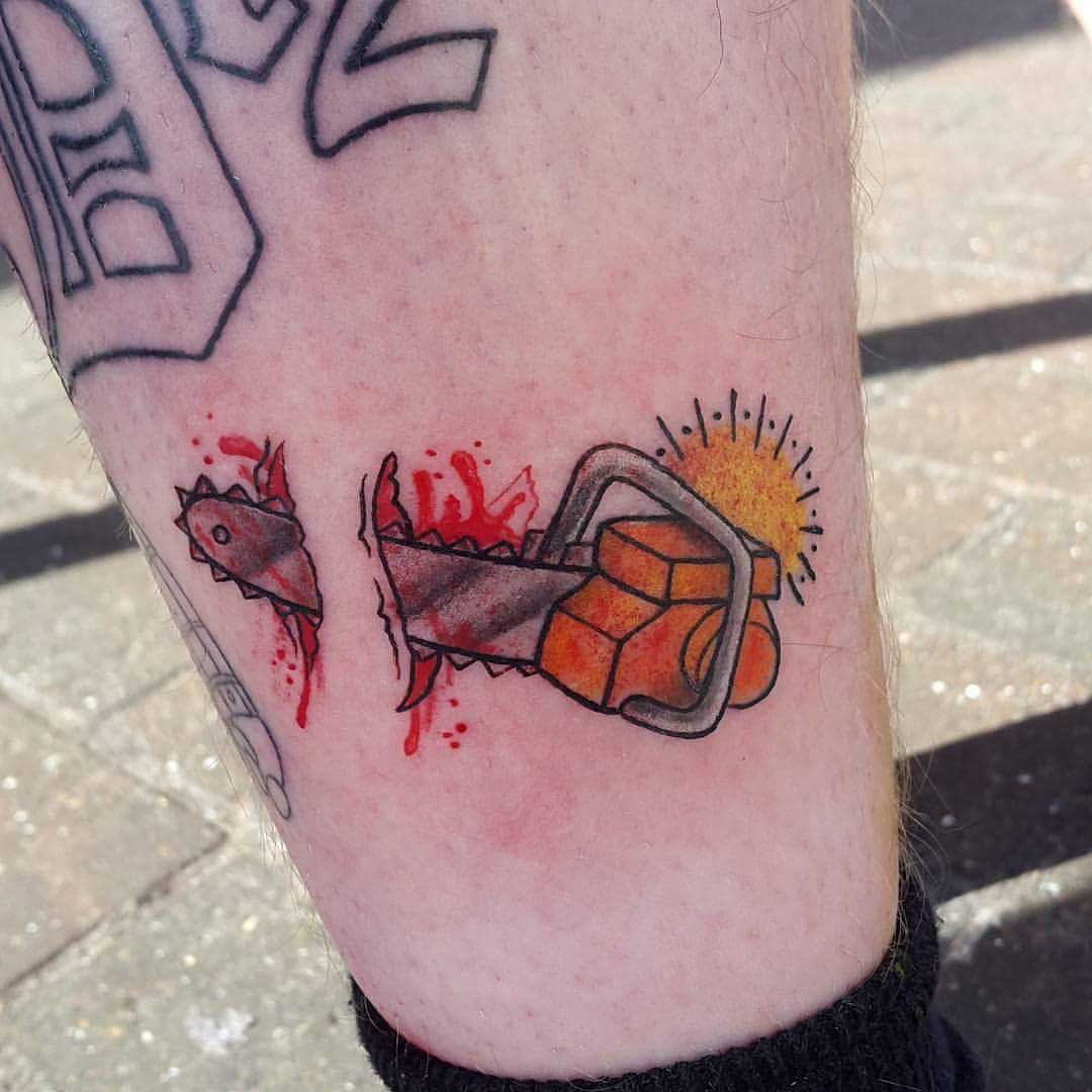 Small Chainsaw Shin Tattoo by _braceforimpact