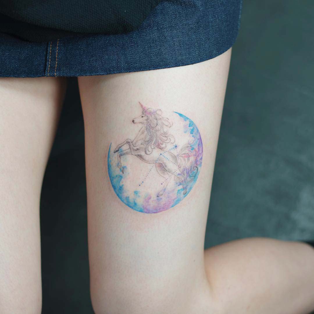 thigh tattoo unicorn moon