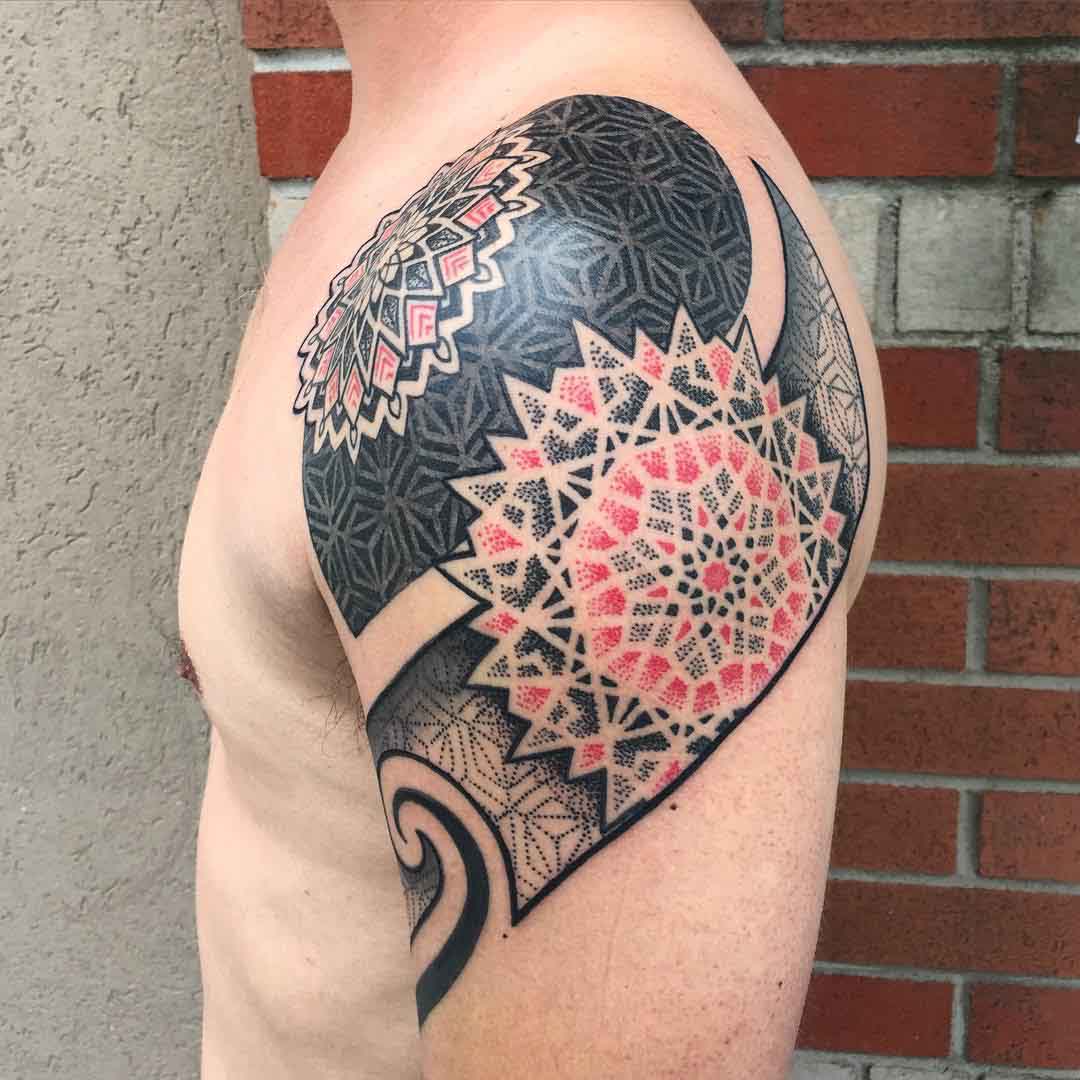 dotwork tattoo on shoulder