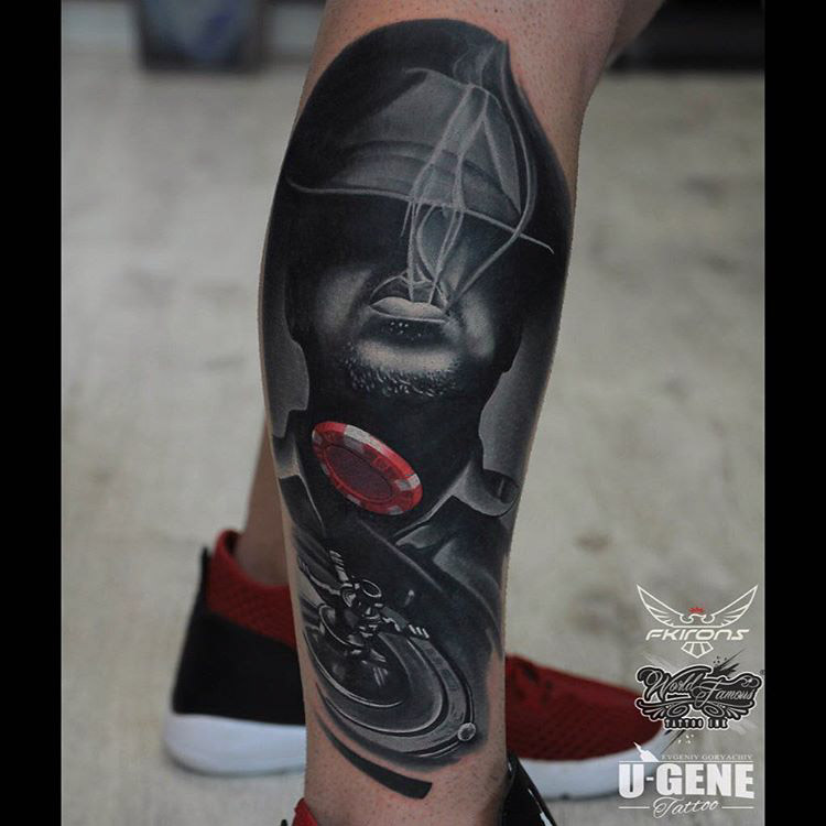 realistic gambler tattoo on leg