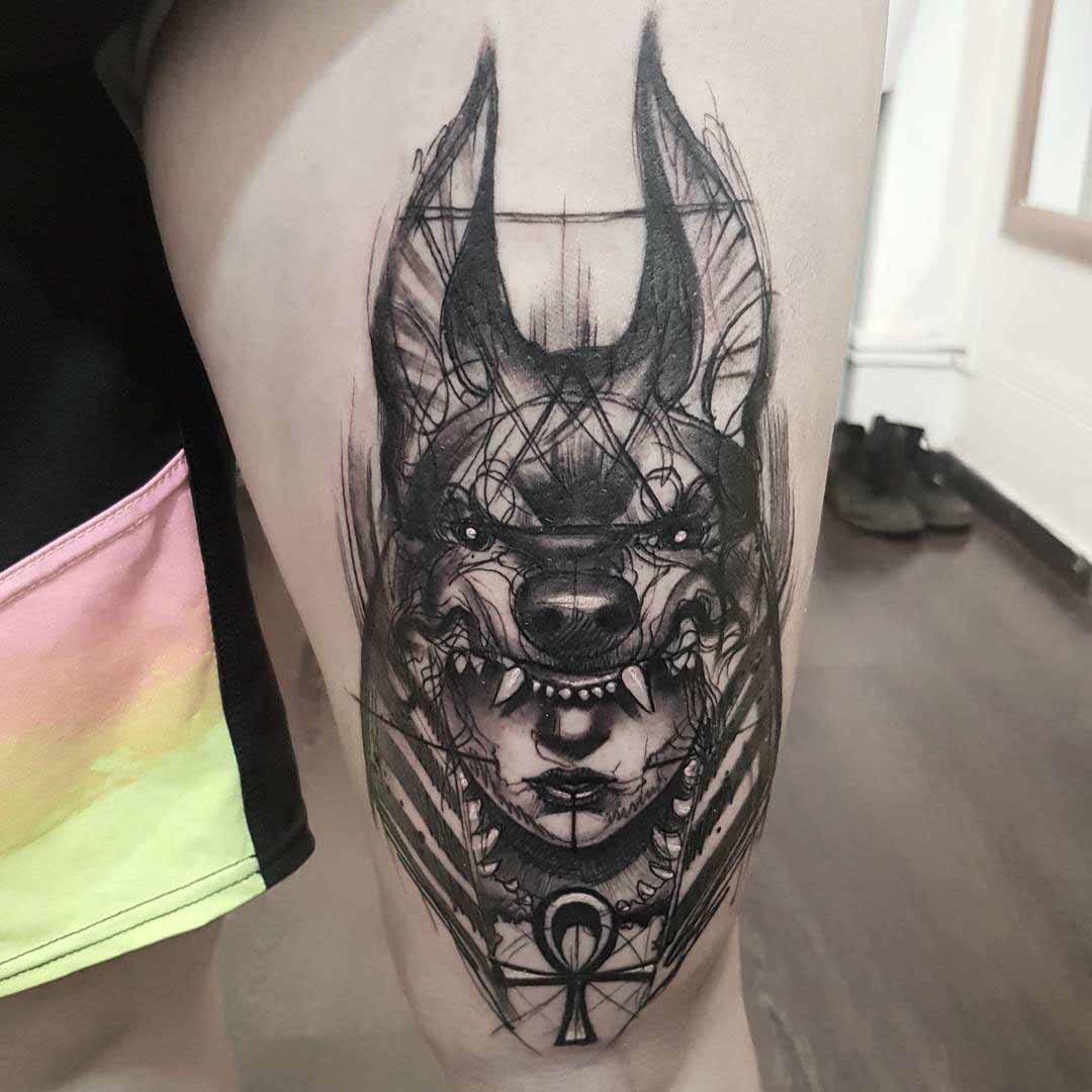 thigh tattoo anubis