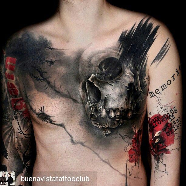 Skull tattoo on chest trash polka