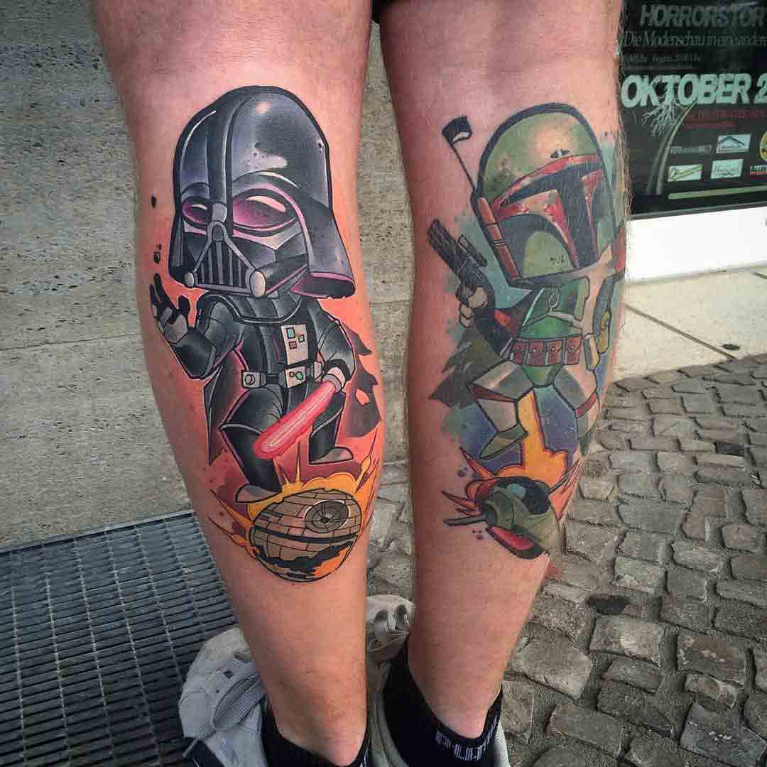 calf tattoos star wars darth vader and boba fett