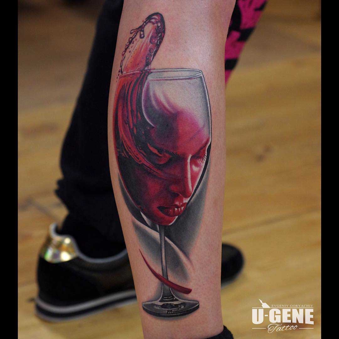 wine glass tattoo with face