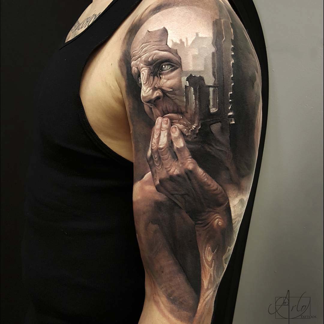 amazing 3D portrait tattoo on shoulder