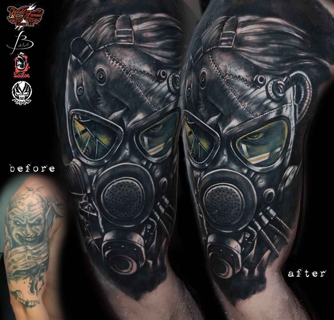 gas mask tattoo on shoulder cover up