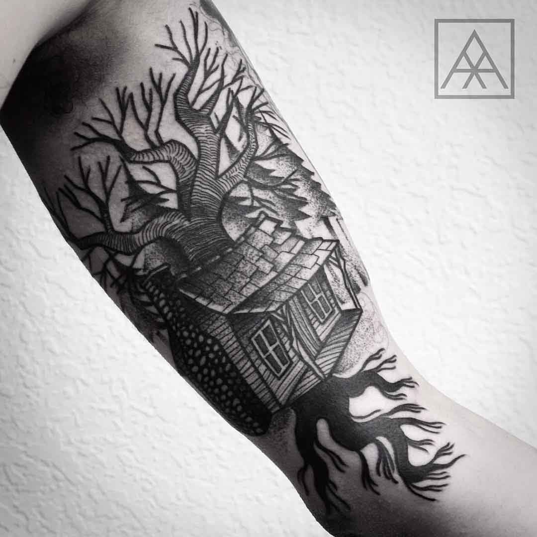 Bicep Tattoo house on tree