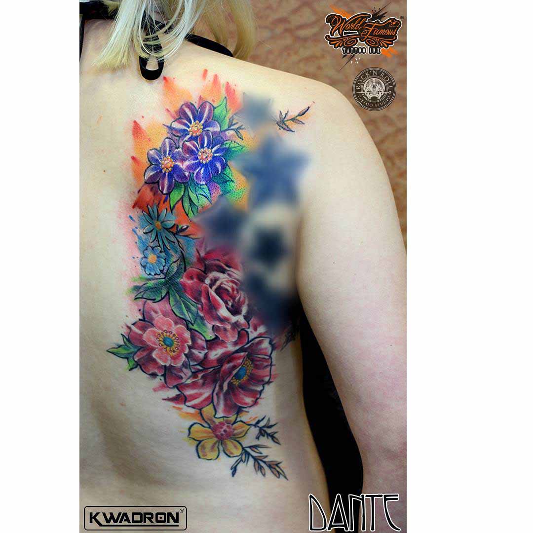 back side flowers tattoo colorful bright