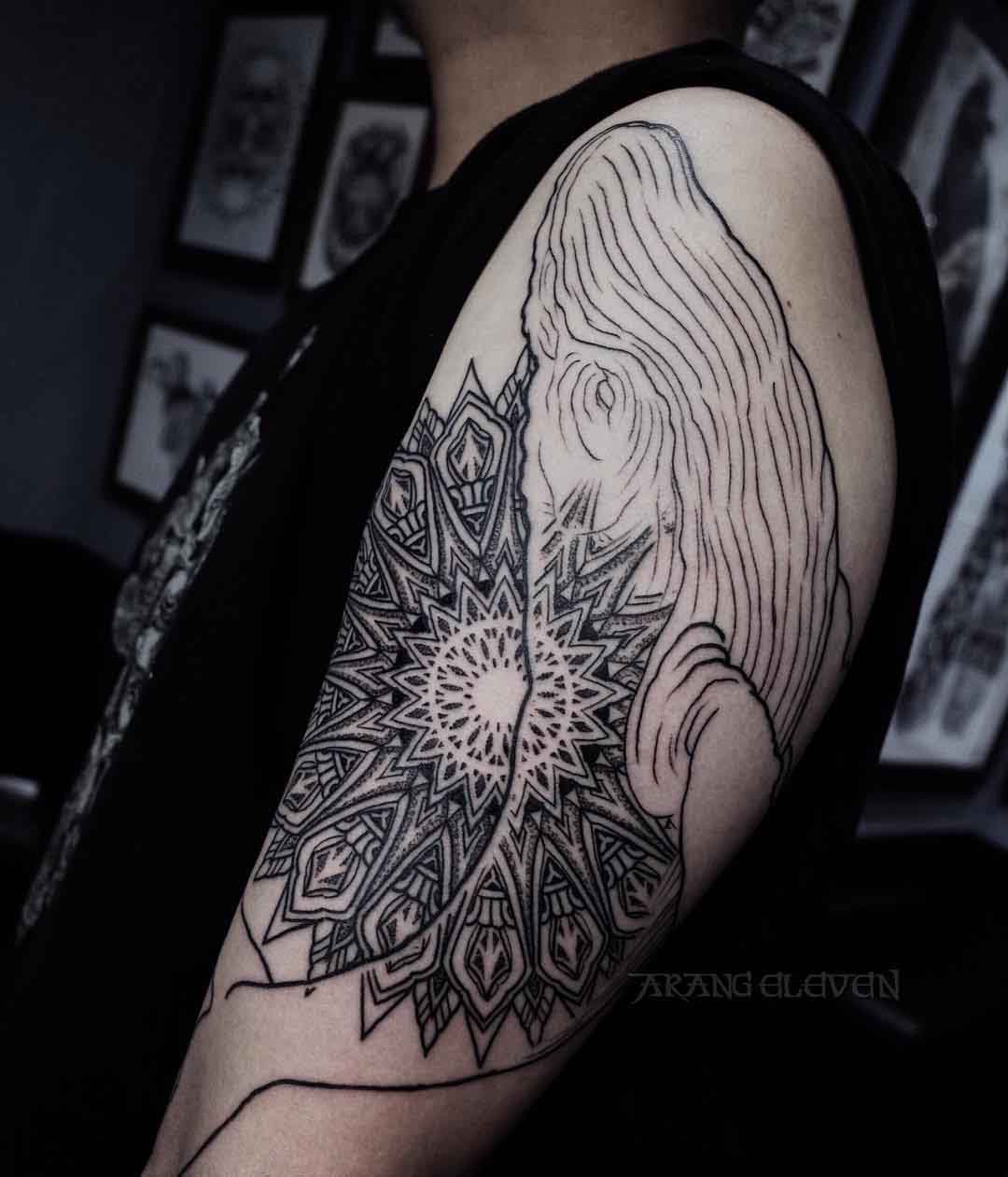 whale tattoo mandala mix on shoulder