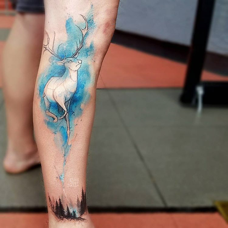 leg tattoo watercolor stag ankle forest tattoo