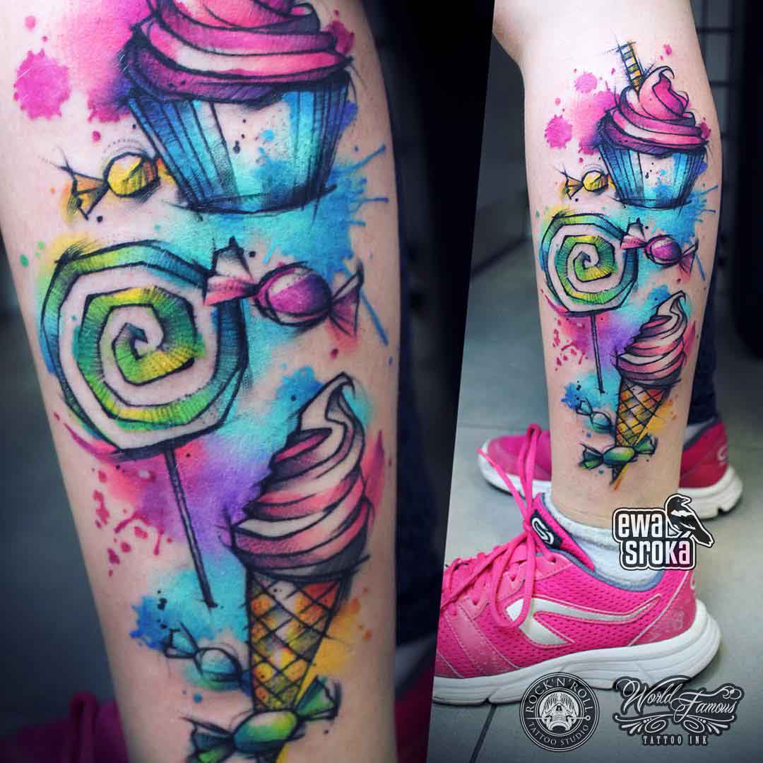 sweets ice-cream watercolor tattoo on ankle