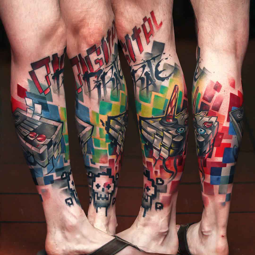 leg tattoo new school 8 bit