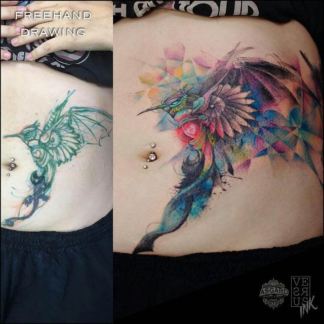 stomach cover-up tattoo hummingbird watercolor style