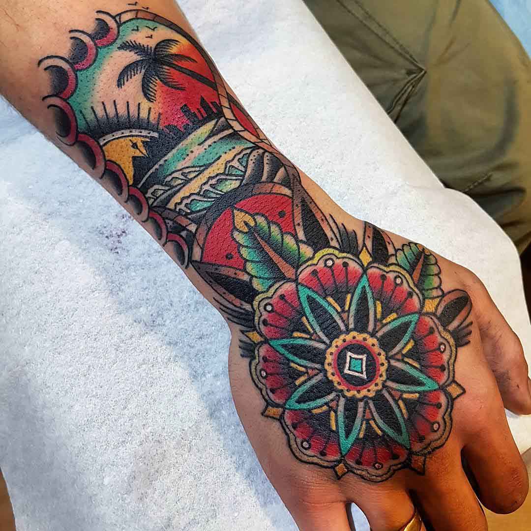 hand tattoo neo-traditional style sea shore