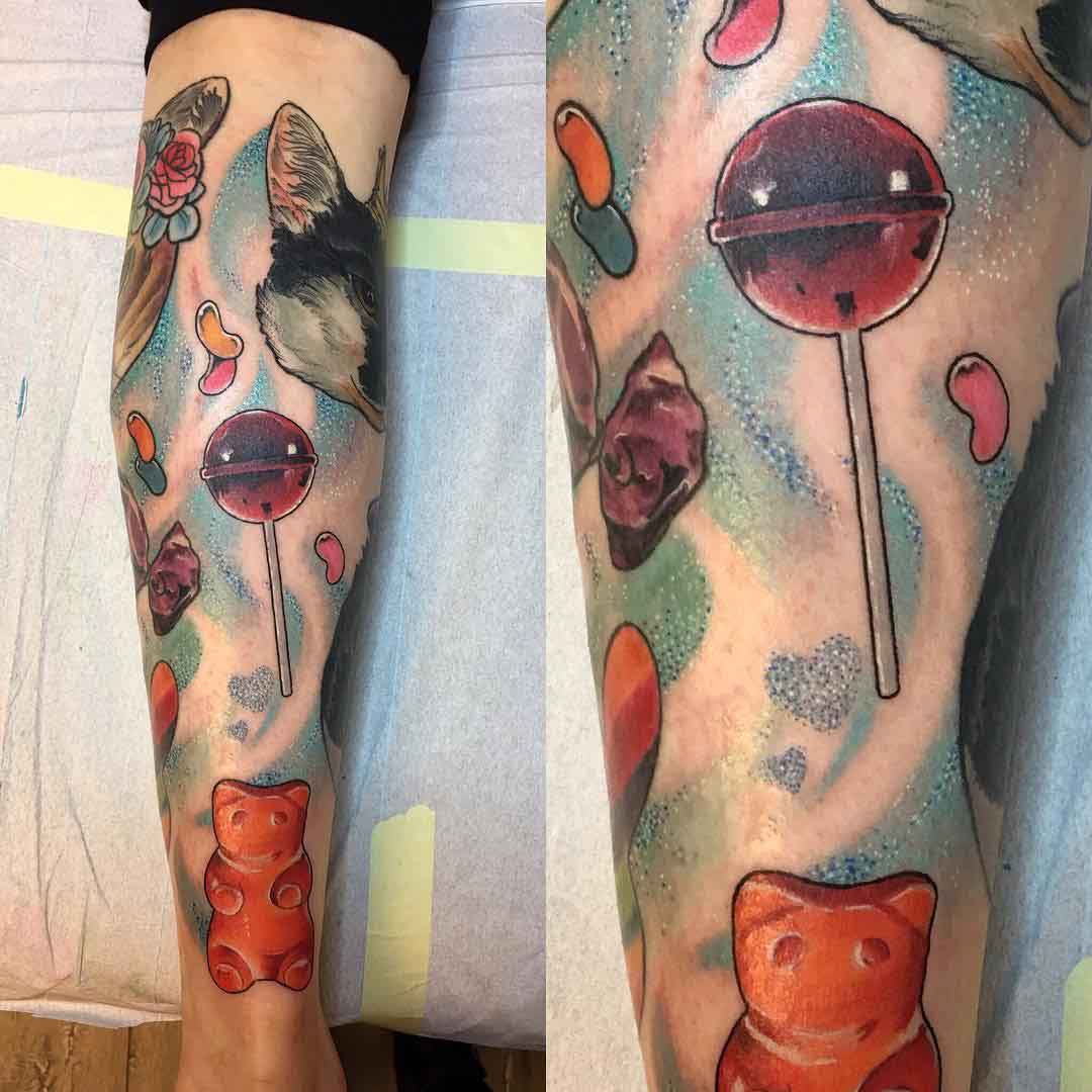 leg tattoo chupa chups new school