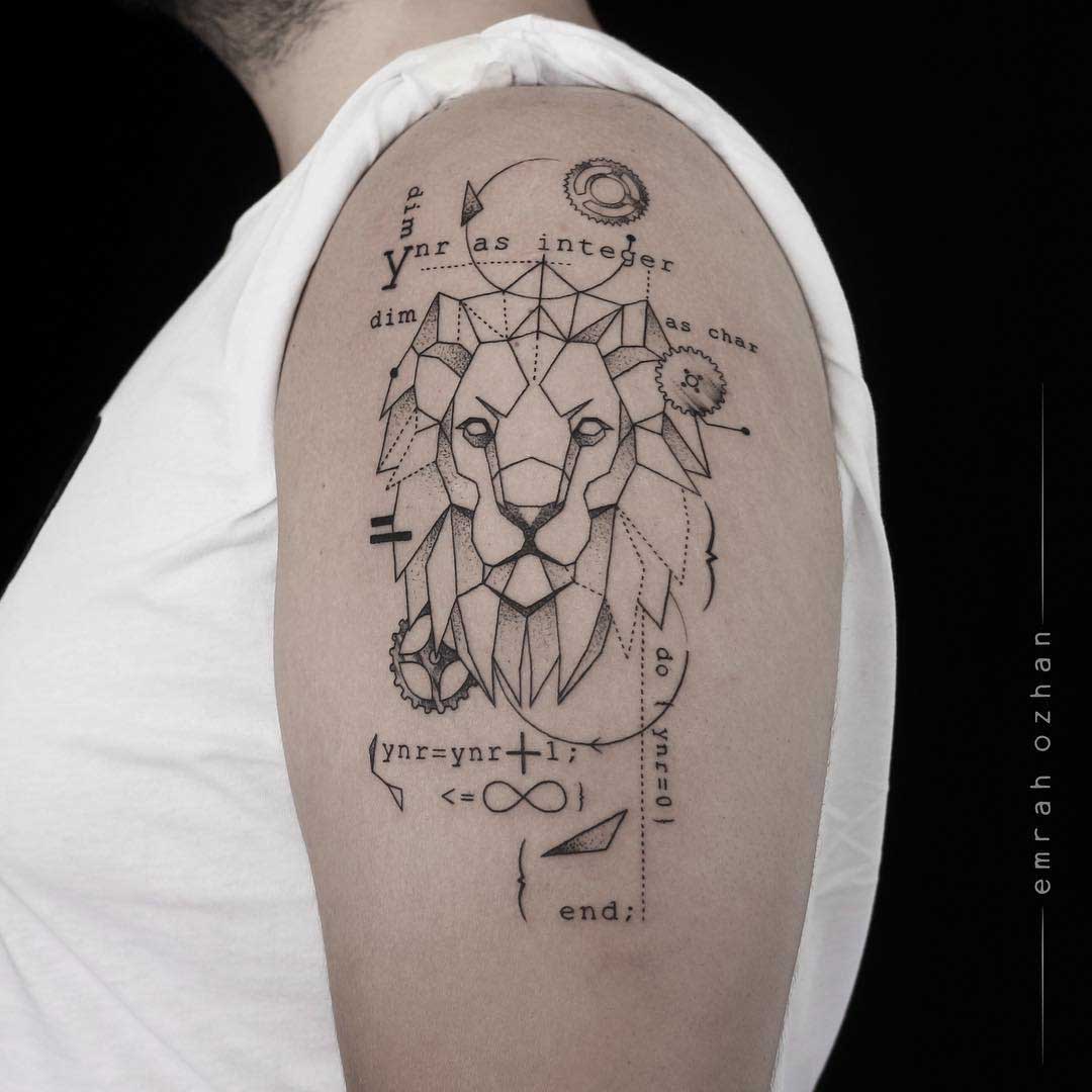 shoulder lion tattoo mathematical dotwork style