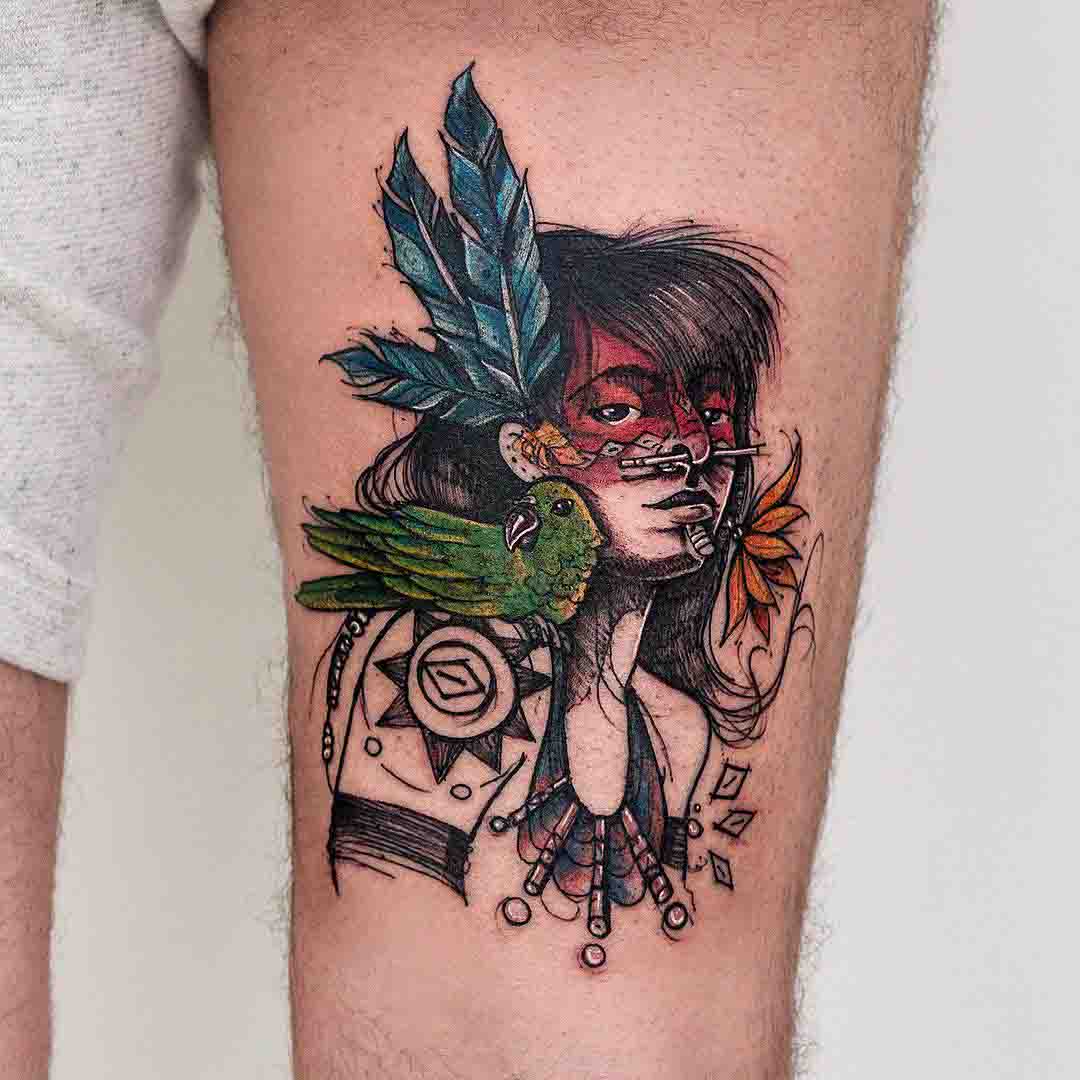 drawn indian tattoo on thigh