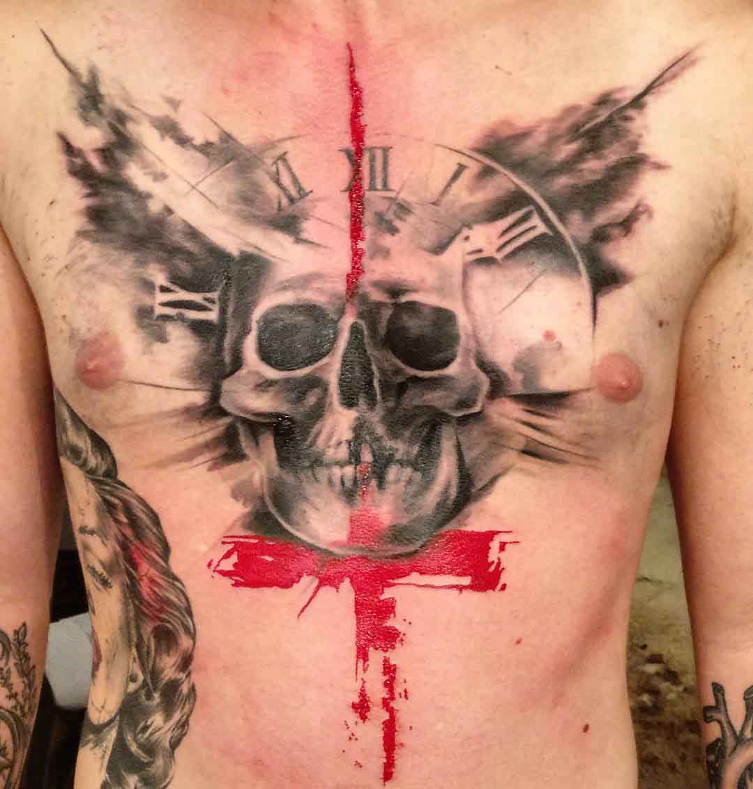 skull tattoo on chest trash polka style