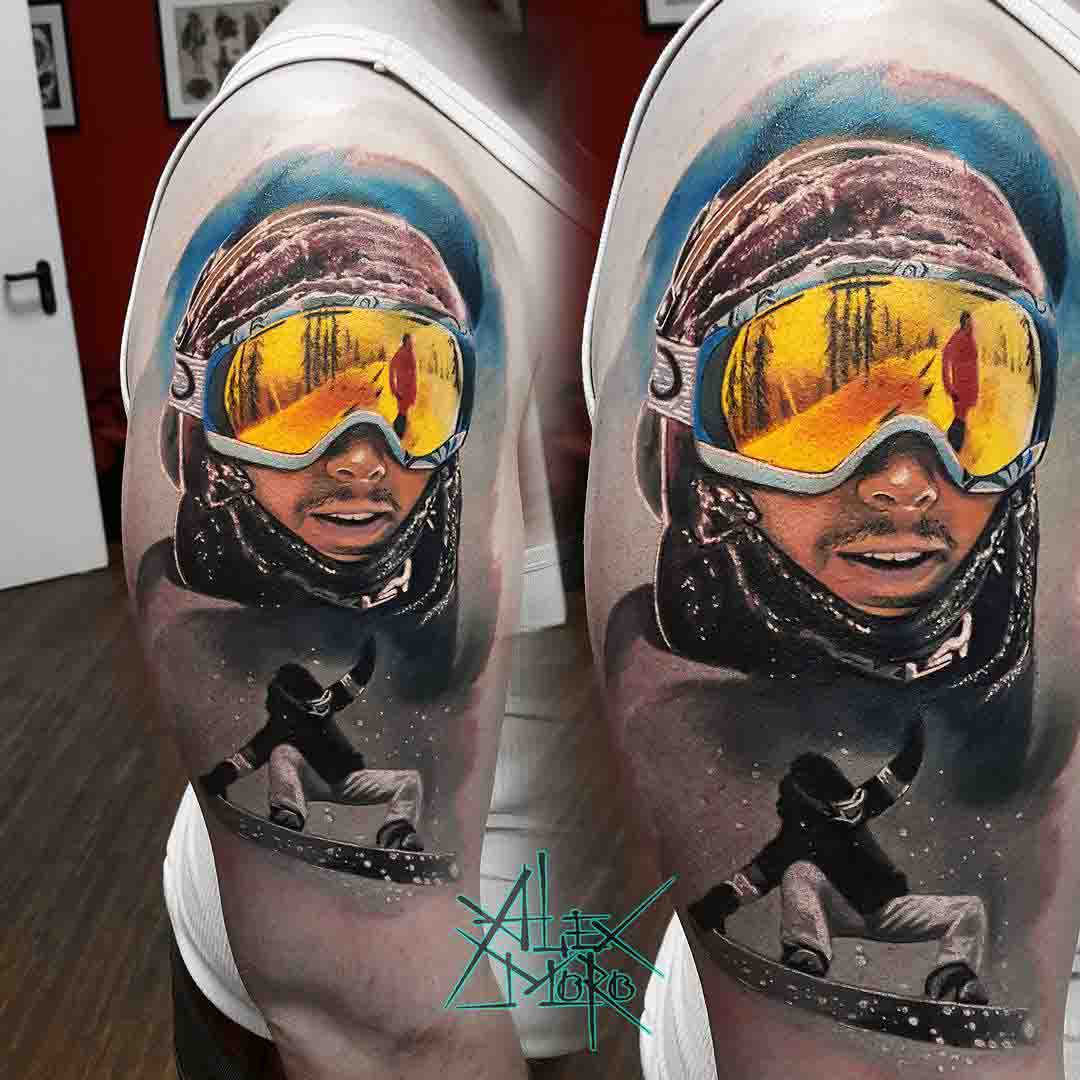 realistic shoulder tattoo snowbord extreme