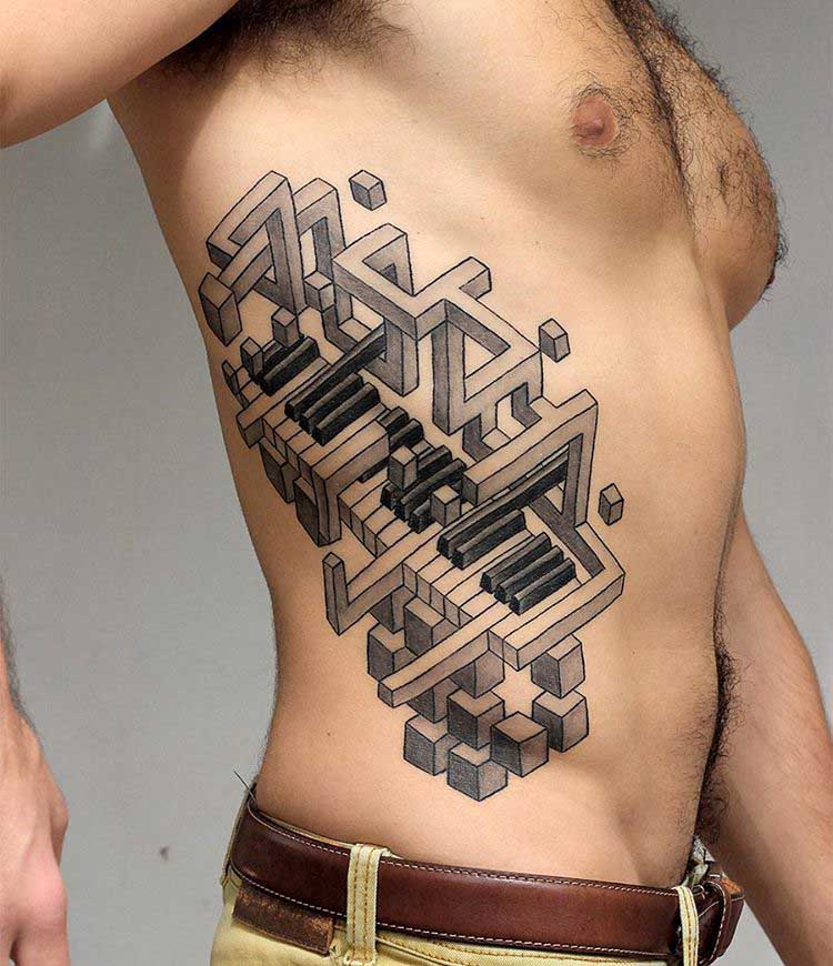 side 3D tattoo piano keyboard