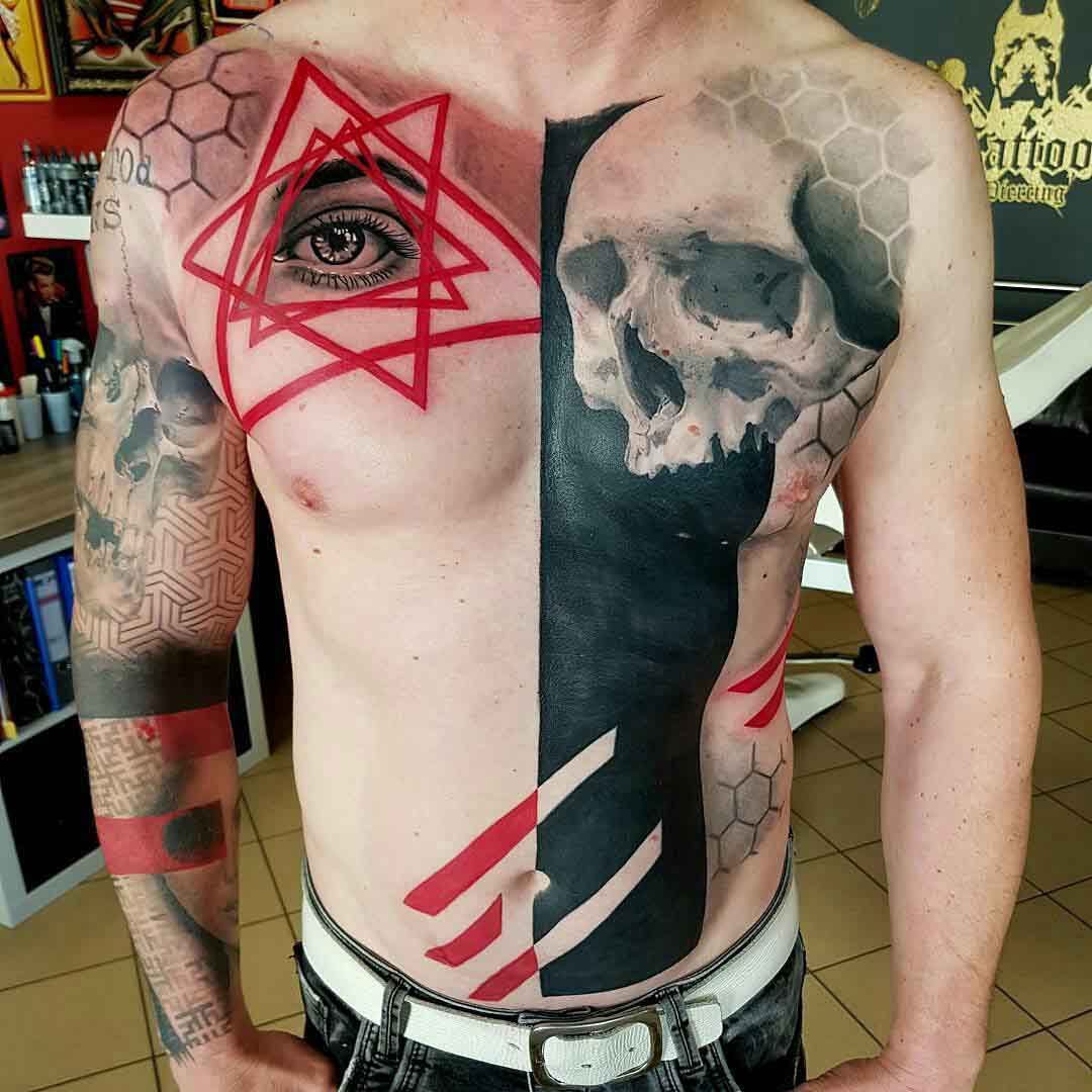 trash polka tattoo on torso