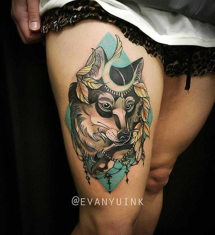 wolf tattoo neo-traditional on thigh